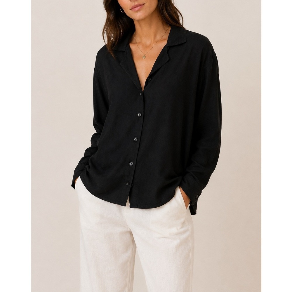 FLAX Women's Button Down Long Sleeve Shirt Black Large Lagenlook